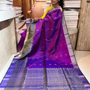 Handloom Soft Silk Saree Purple Saree with Floral Design Pallu & Big Sap Green Border